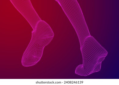 Running legs with sport shoes go. Human foot action pose. Wireframe low poly mesh vector illustration