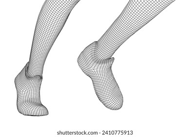 Running legs with sport shoes go. Human foot action pose. Wireframe low poly mesh vector illustration
