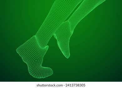 Running legs with sport shoes go. Human foot action pose. Wireframe low poly mesh vector illustration