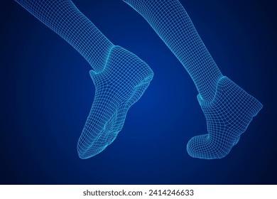Running legs with sport shoes go. Human foot action pose. Wireframe low poly mesh vector illustration