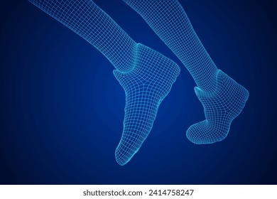 Running legs with sport shoes go. Human foot action pose. Wireframe low poly mesh vector illustration
