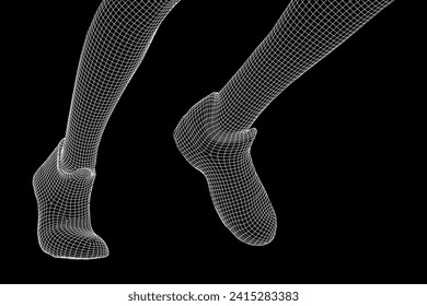 Running legs with sport shoes go. Human foot action pose. Wireframe low poly mesh vector illustration