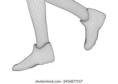 Running legs with sport shoes go. Human foot action pose. Wireframe low poly mesh vector illustration