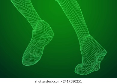 Running legs with sport shoes go. Human foot action pose. Wireframe low poly mesh vector illustration