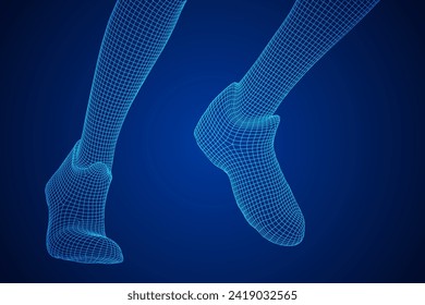 Running legs with sport shoes go. Human foot action pose. Wireframe low poly mesh vector illustration