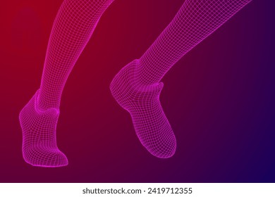 Running legs with sport shoes go. Human foot action pose. Wireframe low poly mesh vector illustration