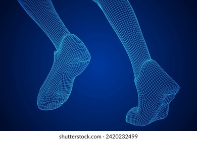 Running legs with sport shoes go. Human foot action pose. Wireframe low poly mesh vector illustration