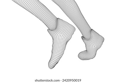 Running legs with sport shoes go. Human foot action pose. Wireframe low poly mesh vector illustration