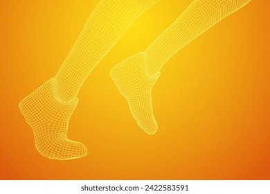 Running legs with sport shoes go. Human foot action pose. Wireframe low poly mesh vector illustration