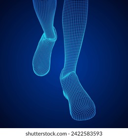 Running legs with sport shoes go. Human foot action pose. Wireframe low poly mesh vector illustration