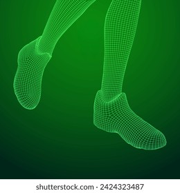 Running legs with sport shoes go. Human foot action pose. Wireframe low poly mesh vector illustration