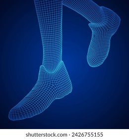 Running legs with sport shoes go. Human foot action pose. Wireframe low poly mesh vector illustration