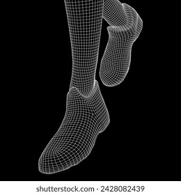 Running legs with sport shoes go. Human foot action pose. Wireframe low poly mesh vector illustration