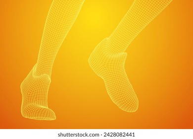 Running legs with sport shoes go. Human foot action pose. Wireframe low poly mesh vector illustration