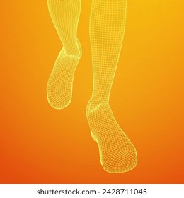 Running legs with sport shoes go. Human foot action pose. Wireframe low poly mesh vector illustration