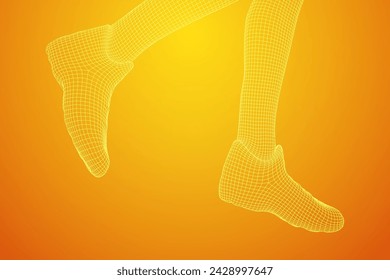 Running legs with sport shoes go. Human foot action pose. Wireframe low poly mesh vector illustration