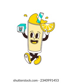 Running lemonade glass character with melts ice cube in hands in comic cartoon style on transparent background. Hand drawing of funny mascot of cocktail in retro style. Isolated vector illustration