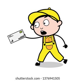 Running with Letter to Deliver - Retro Repairman Cartoon Worker Vector Illustration