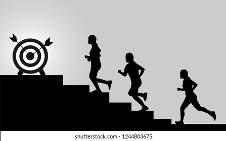 running level up on stair to success target vector concept