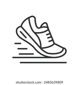 Running, in line design. Running, jogging, marathon, fitness, exercise, cardio, running shoes on white background vector. Running editable stroke icon.