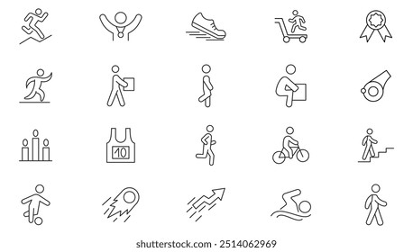 Colección de icono de línea en ejecución. Correr, hombre, zapato, pie, caminar, rápido, logotipo, energía, símbolo, salud, activo y conjunto de iconos del cuerpo. Paquete de iconos de esquema de interfaz de usuario.