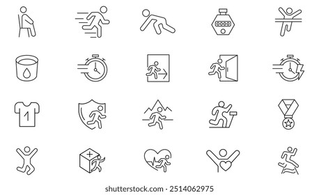 Zeilensymbolsammlung wird ausgeführt. Running, Mann, Schuh, Fuß, Walking, schnell, Logotype, Energie, Symbol, Gesundheit, aktiv und Körper-Icon-Set. UI-Gliederungssymbolpaket.