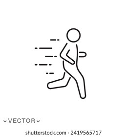 Laufzeilensymbol, Schnell, Eile, verspätete Arbeit oder Schule, Person, die ein Schild führt, zeilenweites Symbol einzeln auf weißem Hintergrund, bearbeitbarer Strich eps10 Vektorgrafik