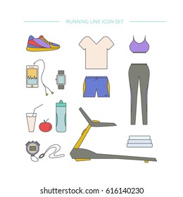 Running line icon set. Clothing and accessories for running. Vector sport collection.