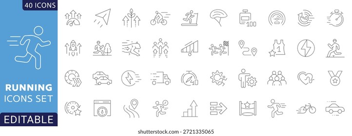 Symbol für laufende Zeile. Enthält Symbole für Läufer, Laufsport, Marathon, Rennen, Ziellinie, Laufband und mehr. Vollständig editierbar. Vektorgrafik.