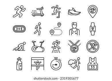 Running lines icon set. Running genres and attributes. Linear design. Lines with editable stroke. Isolated vector icons.