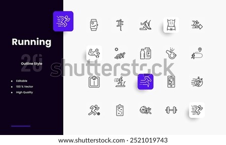 Running lines icon set. Running genres and attributes. Linear design. Lines with editable stroke. Isolated vector icons.