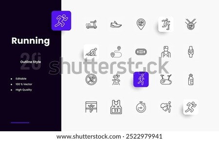 Running lines icon set. Running genres and attributes. Linear design. Lines with editable stroke. Isolated vector icons.