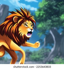 Running lion 3d illustration in 8k resolution in jungle, lion king