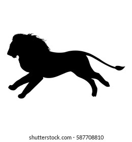 Running lion silhouette. Hand drawn image. Black white vector illustration.