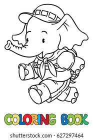 Running little baby elephant. Coloring book. Scout