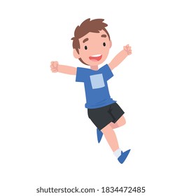 Running Little Boy, Cute Happy Preschooler Kid Having Fun Cartoon Style Vector Illustration