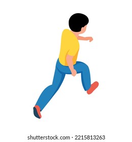 Running little boy in yellow tshirt and jeans back view 3d isometric vector illustration