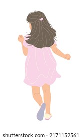 Running little girl in pink dress isolated on white background. Female child in motion back view. Simple vector flat illustration. 