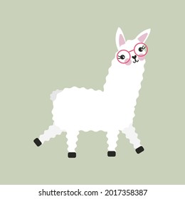Running llama with glasses character isolated vector illustration. Funny animal for kids. On olive green background. Child drawn style lama.