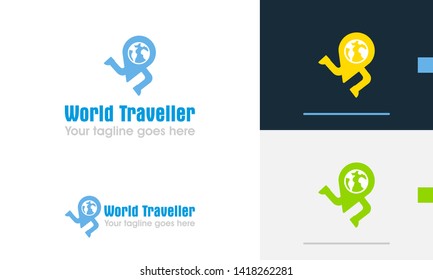 Running Location Pin Logo Design, Location Mascot Design, Location Pin with Earth Globe, Technology Logo Design Concept