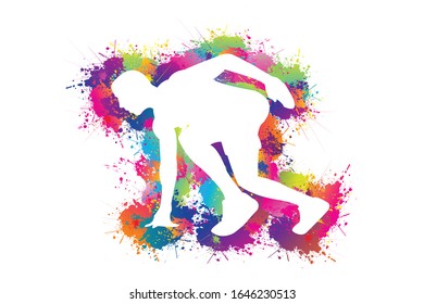 Exécution de la conception de logo. Arrière-plan sportif populaire. Peinture à éclaboussures colorées. Icône, Symbole, Silhouette, Exercices, Fitness, Soins De Santé, Médical. Illustration vectorielle.