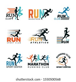 Running logo. Marathon club badges sport symbols shoe and legs jumping running people vector collection