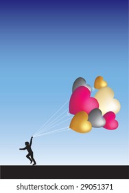 Running with lots of heart balloons