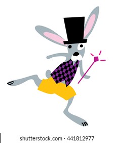Running  Magic Rabbit wearing black hat character from Alice in wonderland. Vector illustration.