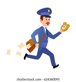Running mailman hurries to deliver mails. Isolated mailman with bag, dropping letters and clock in hand isolated on white background. Postman greets you and run to give you mail vector illustration