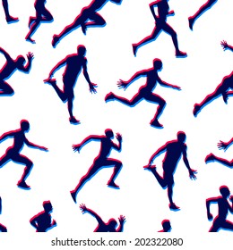 Running male athletes doubled silhouettes figures seamless vector colorful background