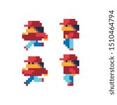 Running male character in cap pixel art style for arcade game, isolated vector. 8 Bit  cartoon game background, mobile game assets. Isolated vector illustration. 8-bit. 
