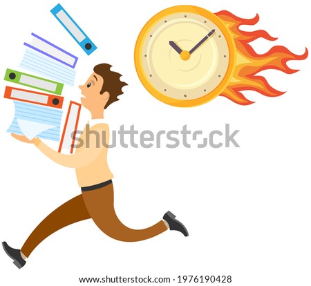 Running male character with documents isolated on white background. Late on job, time management, overwork and deadline. Employee in hurry with folders is doing paperwork to finish task on time