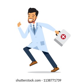 Running male doctor with first aid box. Vector character design isolated on white background.