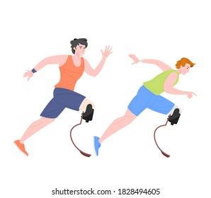 Running male paralympic athletes on marathon race isolated on white background. Disabled people with high-tech prosthetic limbs trying to outrun each other. Flat cartoon vector illustration.